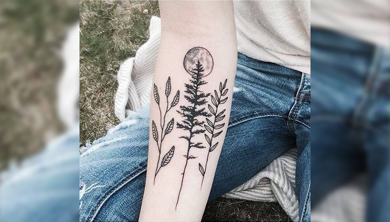 Tree, leaves, and moon tattoo