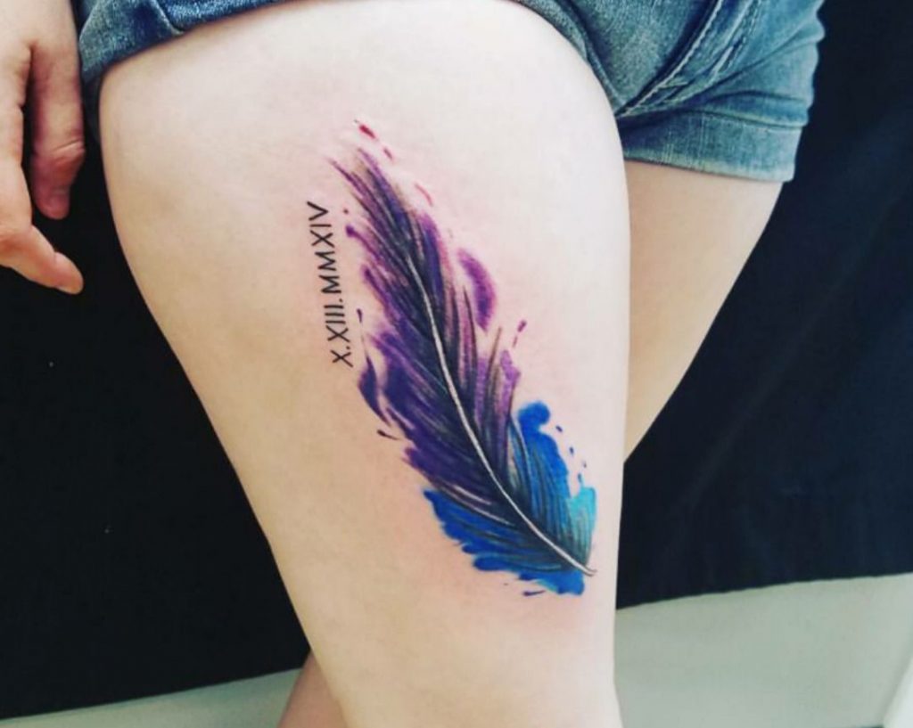 Bluebird feather on your thighs Tattoo