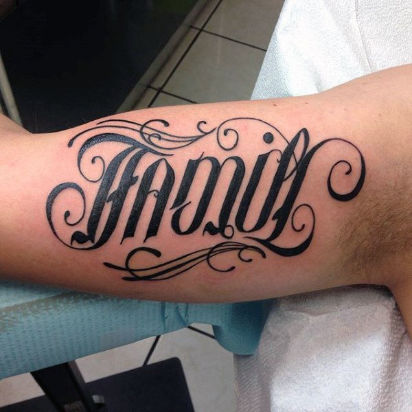 Family ambigram tattoo for men on bicep