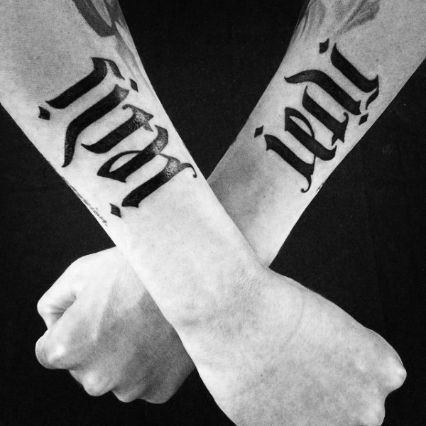 Guys ambigram tattoos on wrists