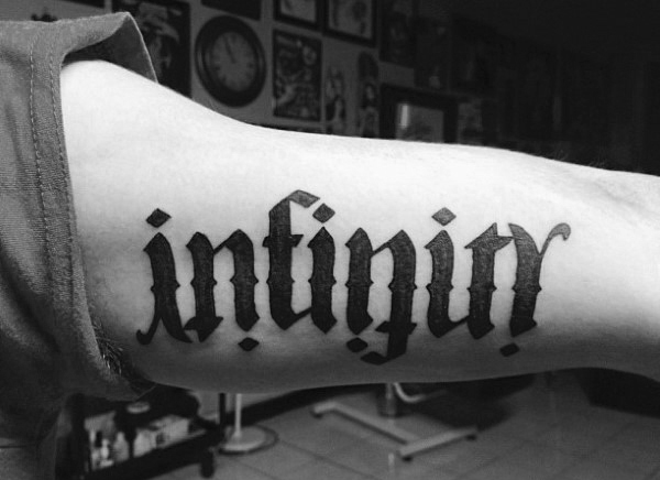 Guys infinity ambigram tattoos on bicep of arm