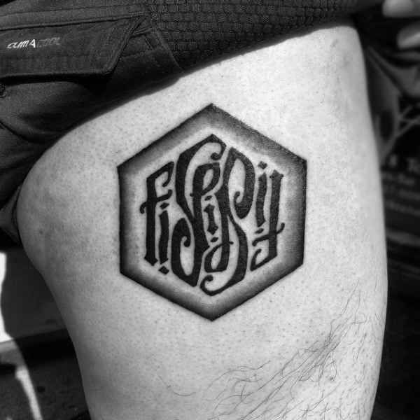 Leg thigh ambigram male tattoo ideas