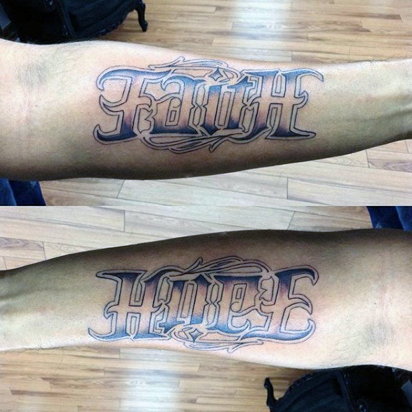 Mens faith hope tattoo ambigram on forearm