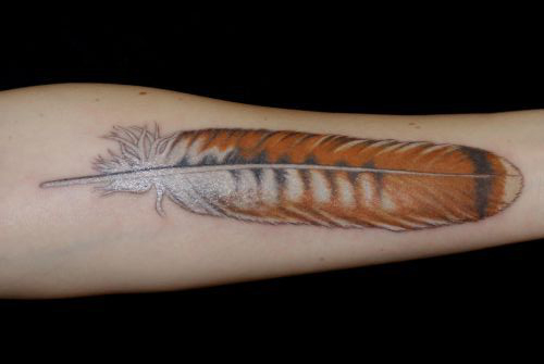 Red tailed hawk feather on your inner forearm tattoo
