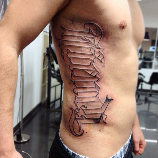 Rib cage side ambigram lettering mens tattoos