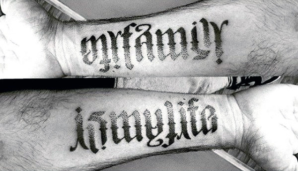 Wrist ambigram tattoo of family is my life for men