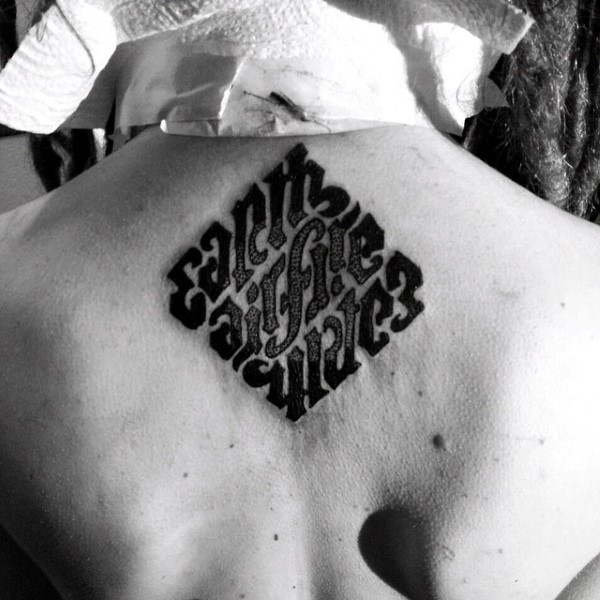 bold back ambigram earth fire tattoos for males
