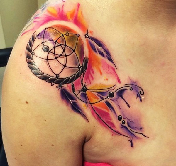 colored dream catcher on your shoulder Tattoo