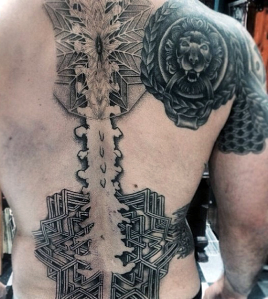 Abstract spinal cord geometric back tattoo for males