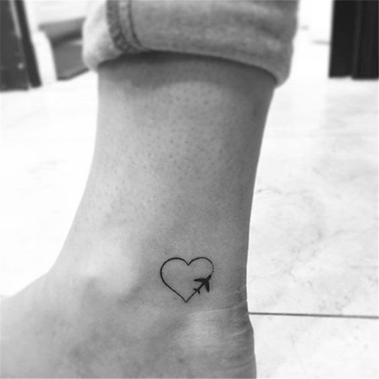 Small Heart and Airplane tattoos on ankle