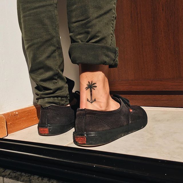 Anchor Palm Tree Tattoo on Ankles