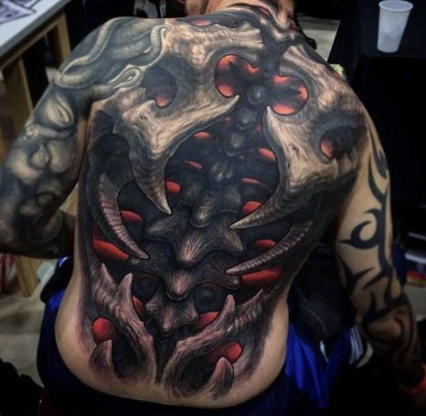 Best 3d spine tattoo for men with glowing red ink optical illusion