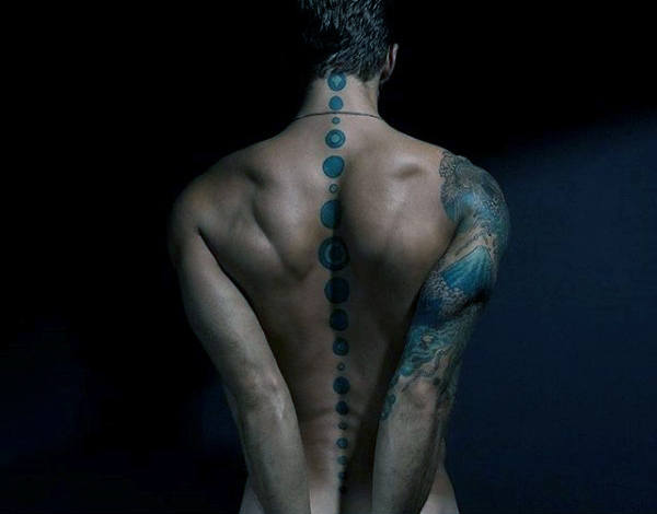 Blue circles geometric spine tattoos for men