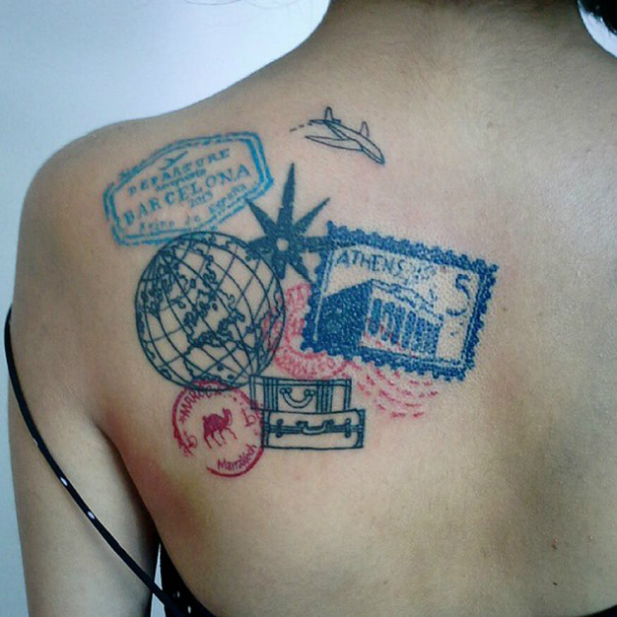 Compass %E2%80%93 Airplane tattoo with Colorful Passport Stamps