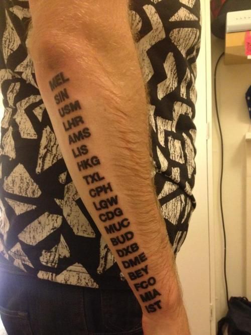 Different Countries Airports Abbreviations Tattoo on Arm