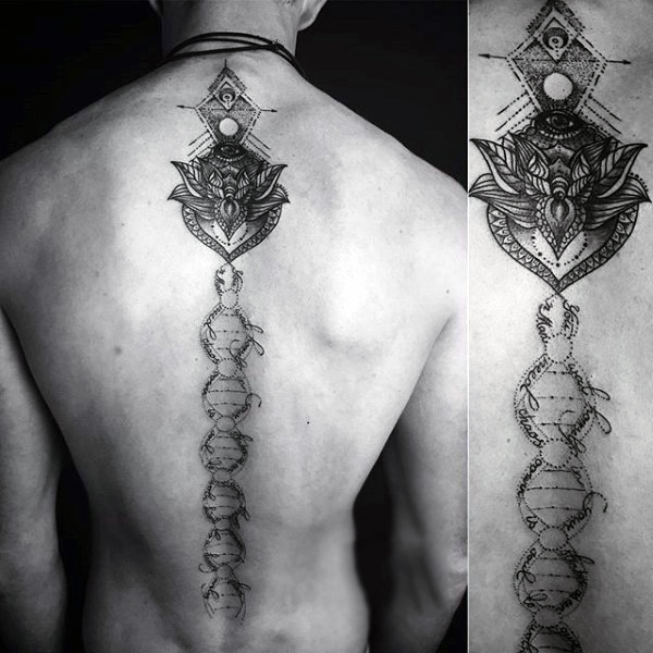 Dna strand male spine tattoo in middle of back