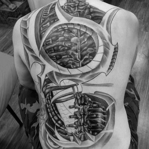 Gentleman with 3d spinal cord back tattoo design