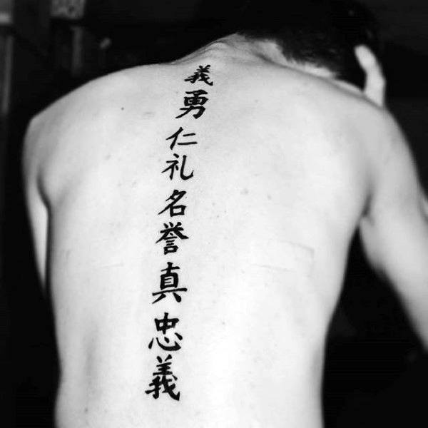 Gentleman with black ink japanese lettering quote spine tattoo
