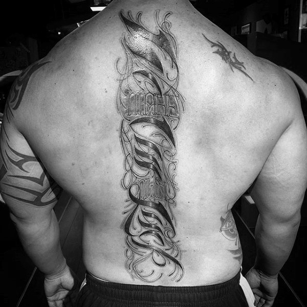 Lettering male spine tattoo of back