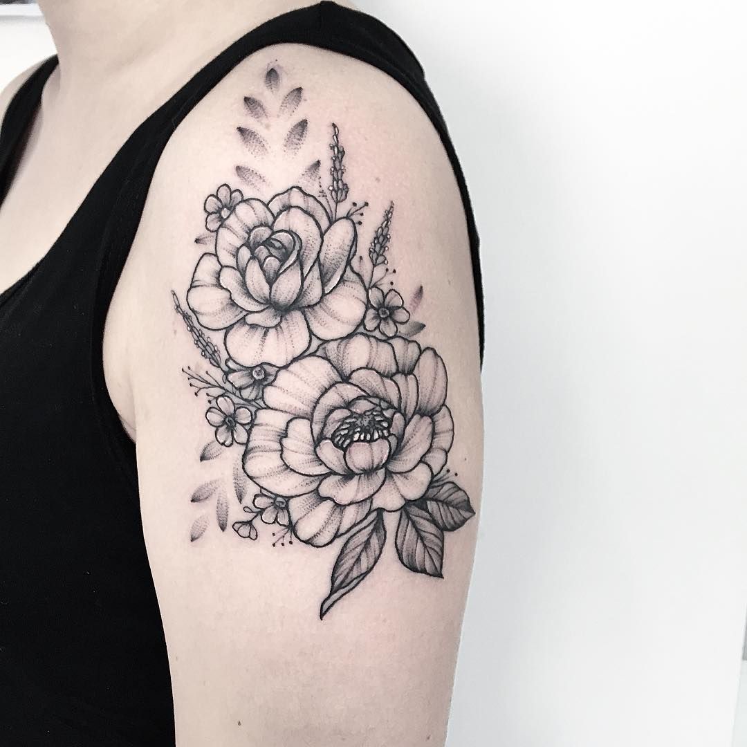 Peony Floral Tattoo Designs on Shoulder
