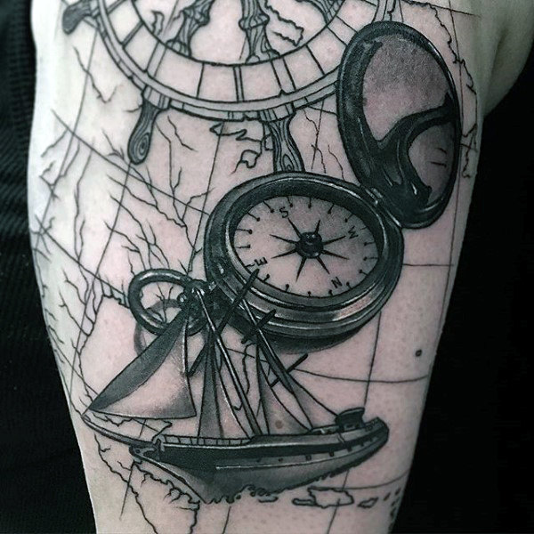 Sailing Ship with World Map Compass Tattoo