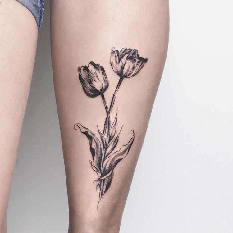 Best Tulip Flower tattoos on Leg