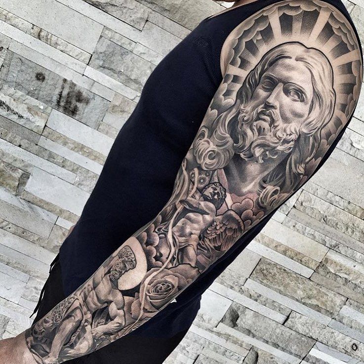 Religious Sleeve Tattoo by James Tattoo Art