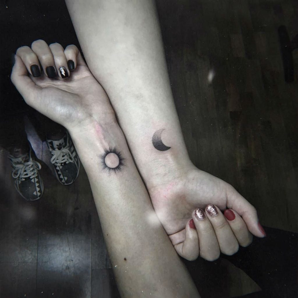 Sun and The Moon Matching Tattoo on Wrist