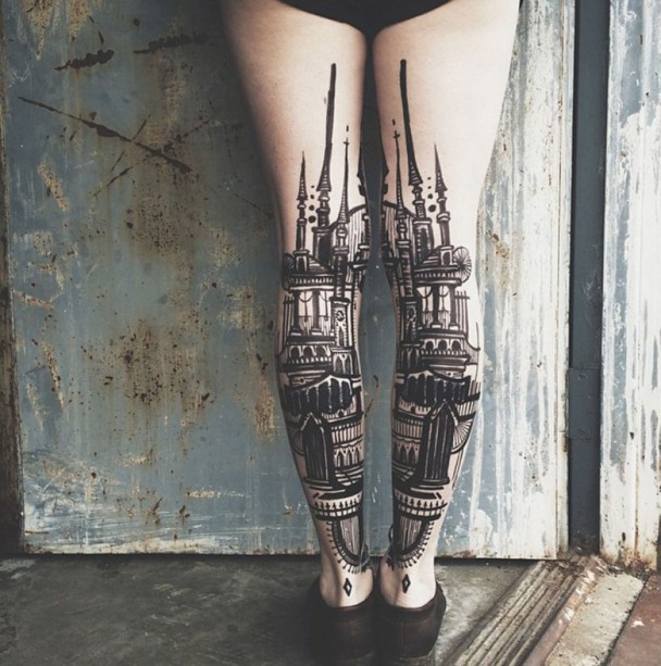 Egyptian Architecture Tattoo ink on leg