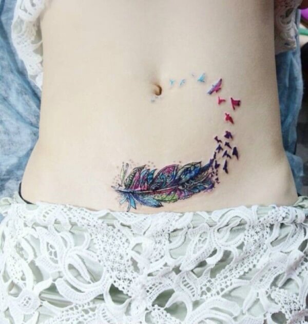 colorful bird Stomach tattoo