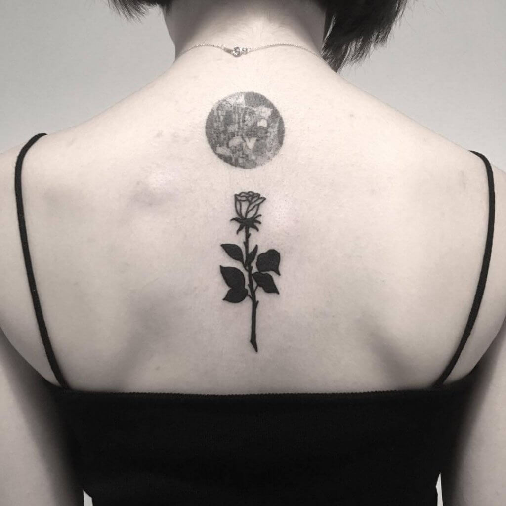 Black Rose And Full Moon Tattoo On The Back
