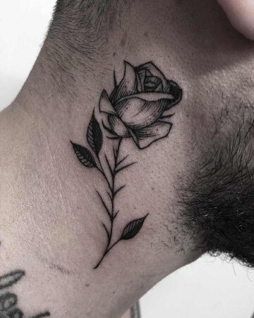 Black Rose Tattoo On The Right Side Of The Neck