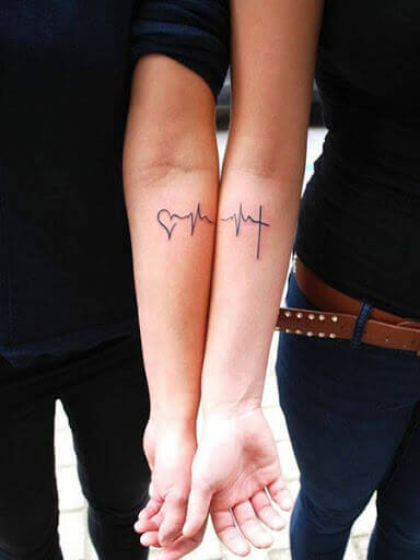 Heartbeat tattoo on couple arm