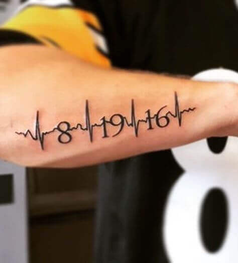Heartbeat with Date tattoo on hand