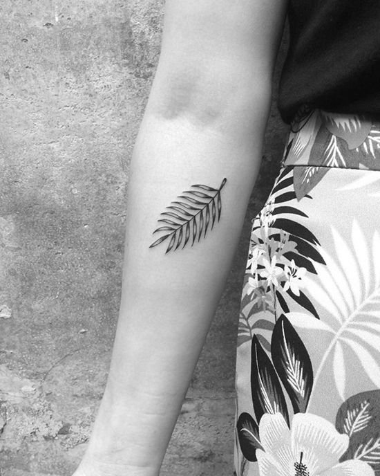 Minimalist fern leaf tattoos on the forearm