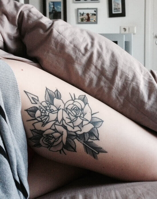 Outline Black Roses Tattoo On Thigh