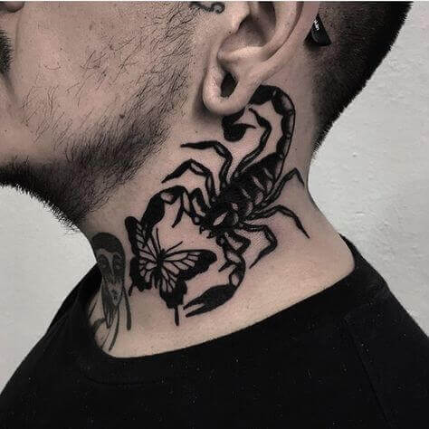 Scorpion with butterfly tattoos on neck