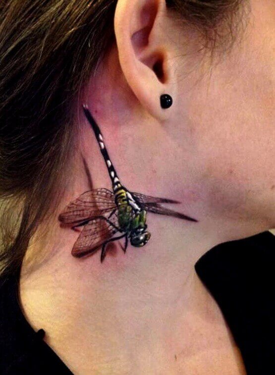 3D Dragonfly tattoo on neck