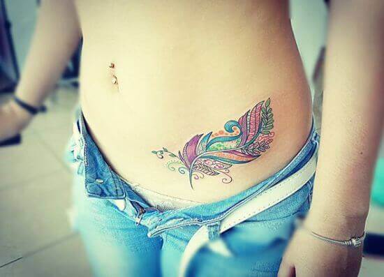 Best Small Colored Feather Tattoo Designs on Women Tummy