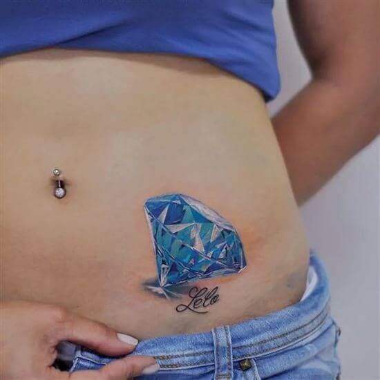 Blue Diamond Tattoo on Girl Tummy