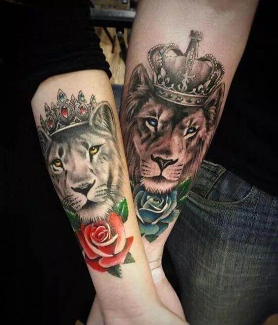 Couple Lion Tattoo with Crown Designs