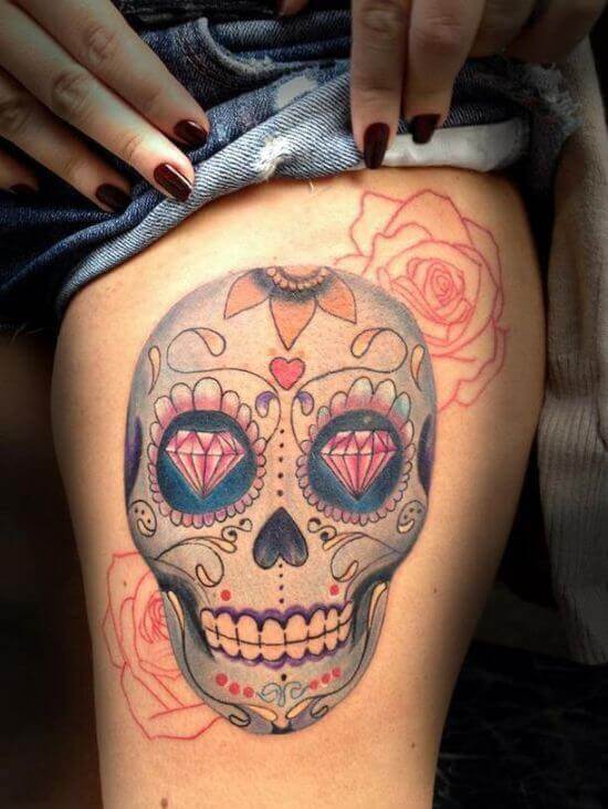 Diamond with Skull Tattoo Designs on girl's Thigh