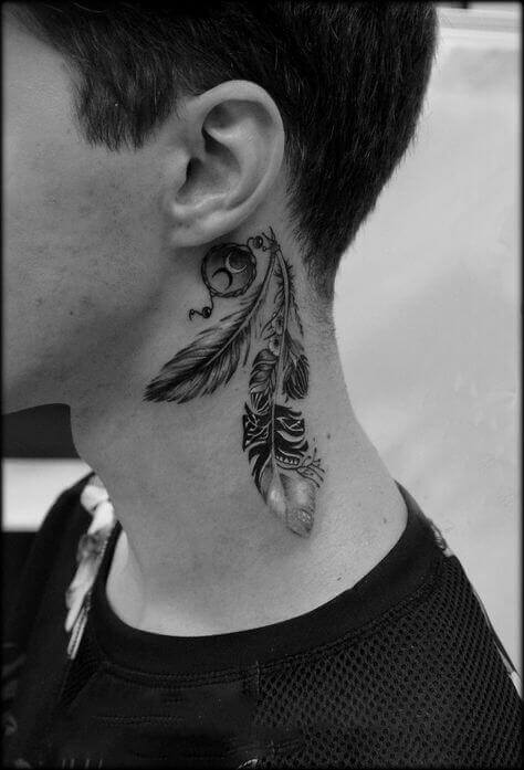 Feather tattoo on men's neck (1)