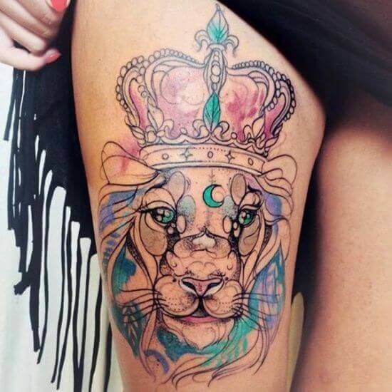 Girl Thigh Lion With Crown Tattoo designs