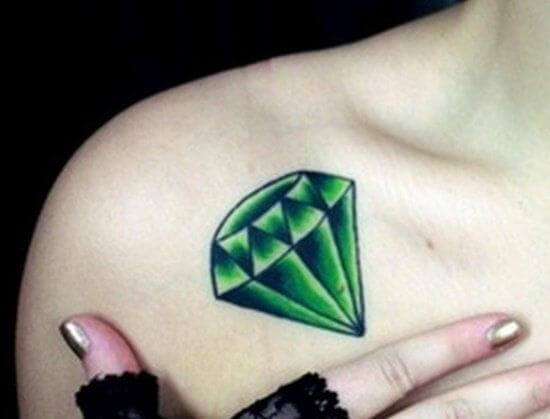 Green Colored Diamond Tattoos on girl Shoulder