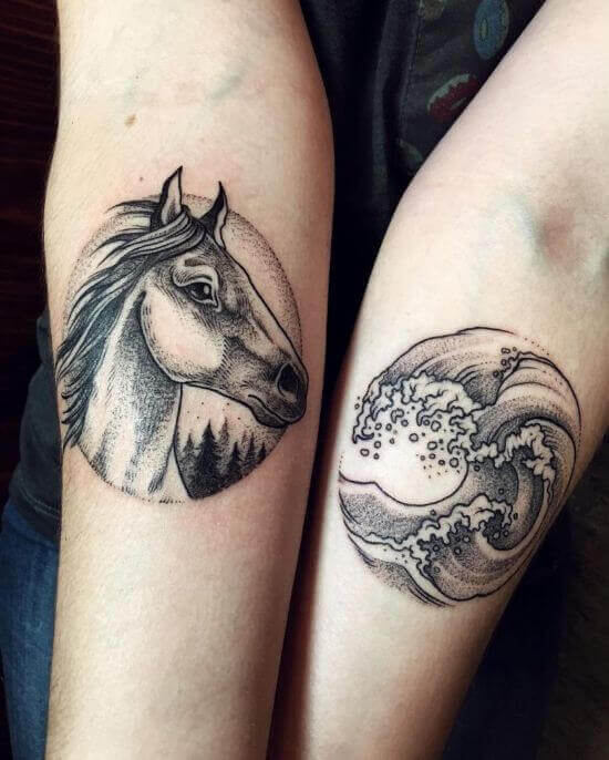 Horse and wave circle tattoos