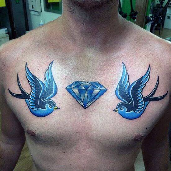 Men Chest Diamond Tattoo with Birds