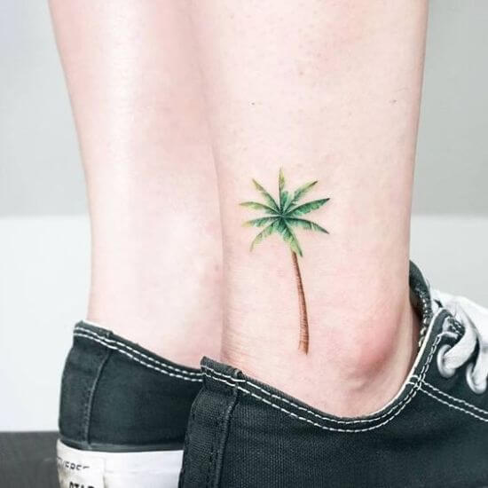 Awesome Colored Palm Tree Tattoo On Calf