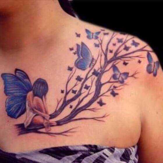 Butterfly with tree tattoo designs on shoulder