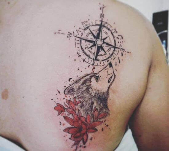Wolf With Compass Tattoos
